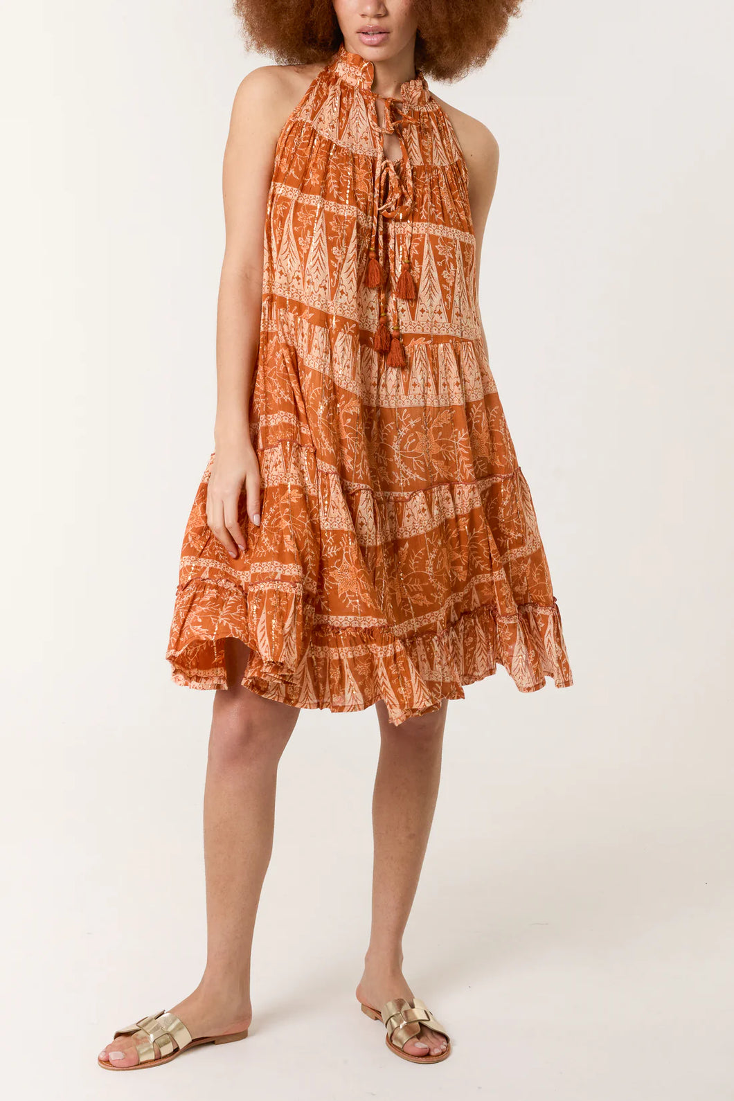 Ethnic print short tie dress