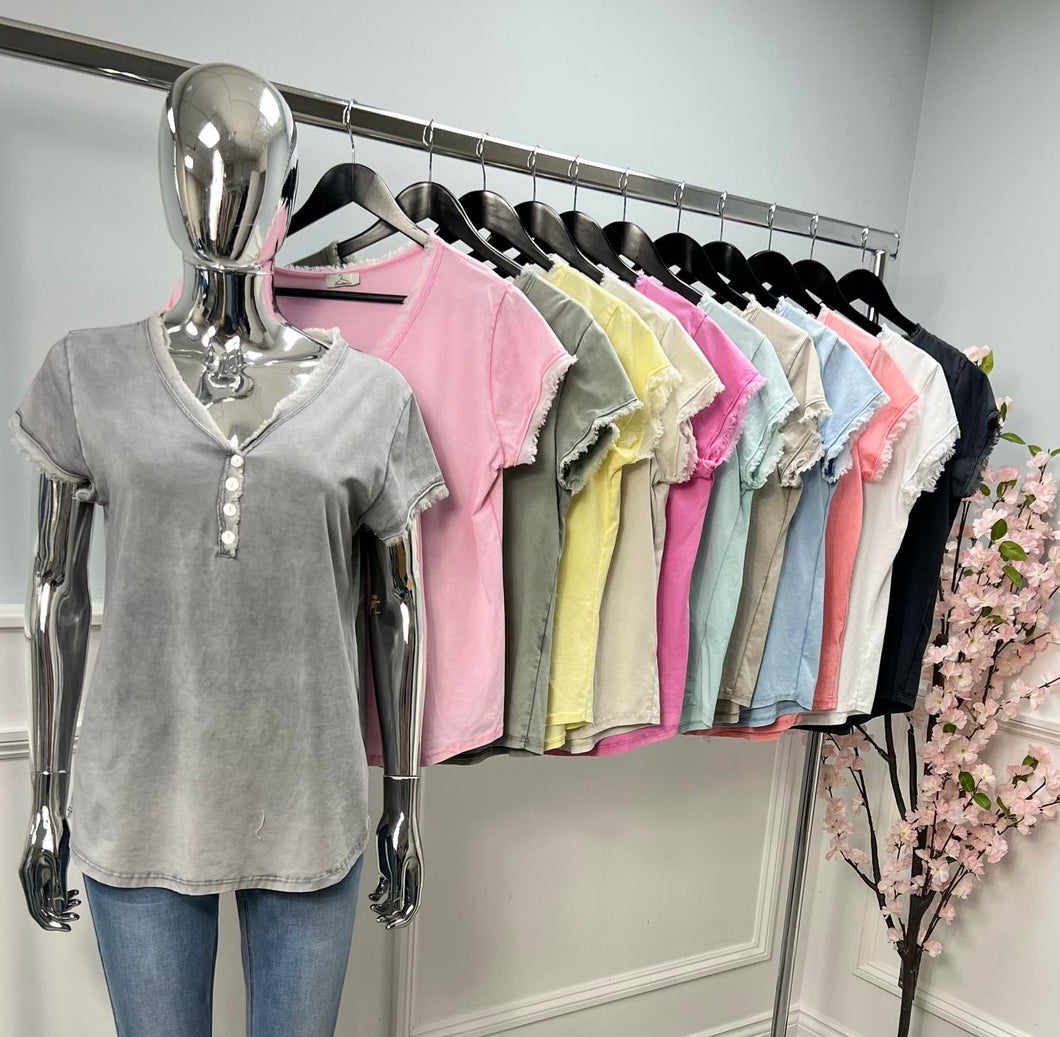 Stonewashed frayed cotton button t-shirt