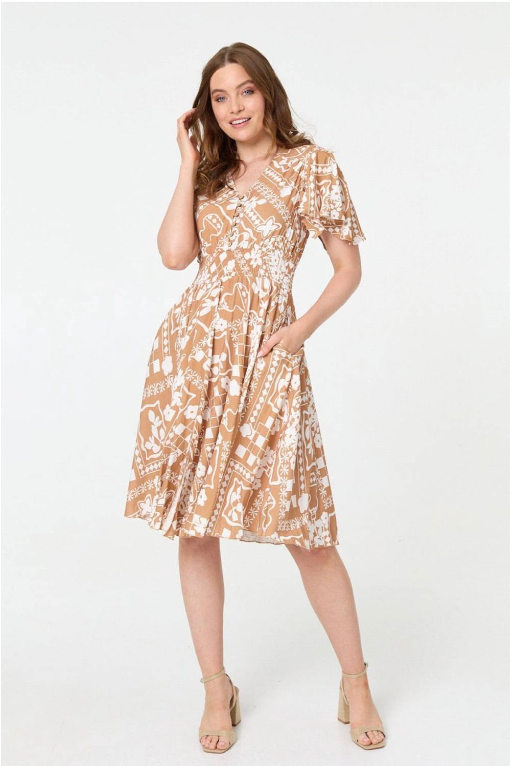 Stella Morgan camel abstract short dress