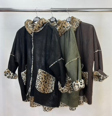 Leopard trim hood jacket