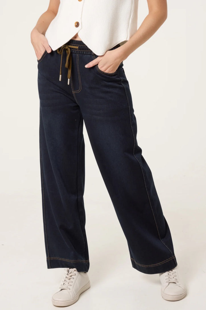 Dark wash stretch wide leg jeans