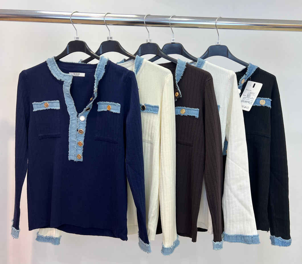 Denim detail ribbed jumper