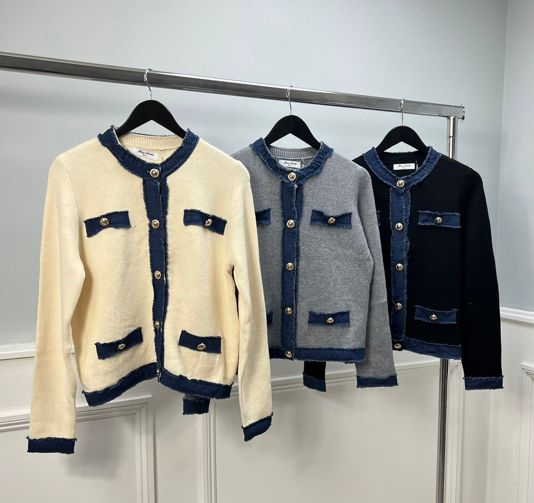 Denim detail soft knit cardigan