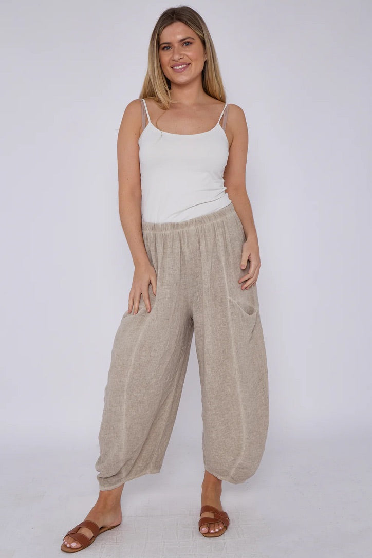 Stonewashed linen blend cotton trouser