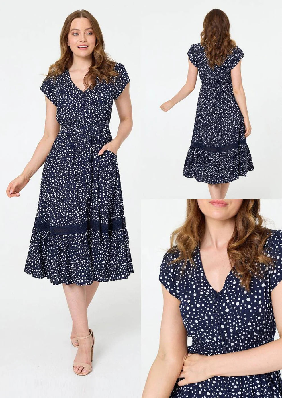 Stella Morgan navy polka dot midi dress