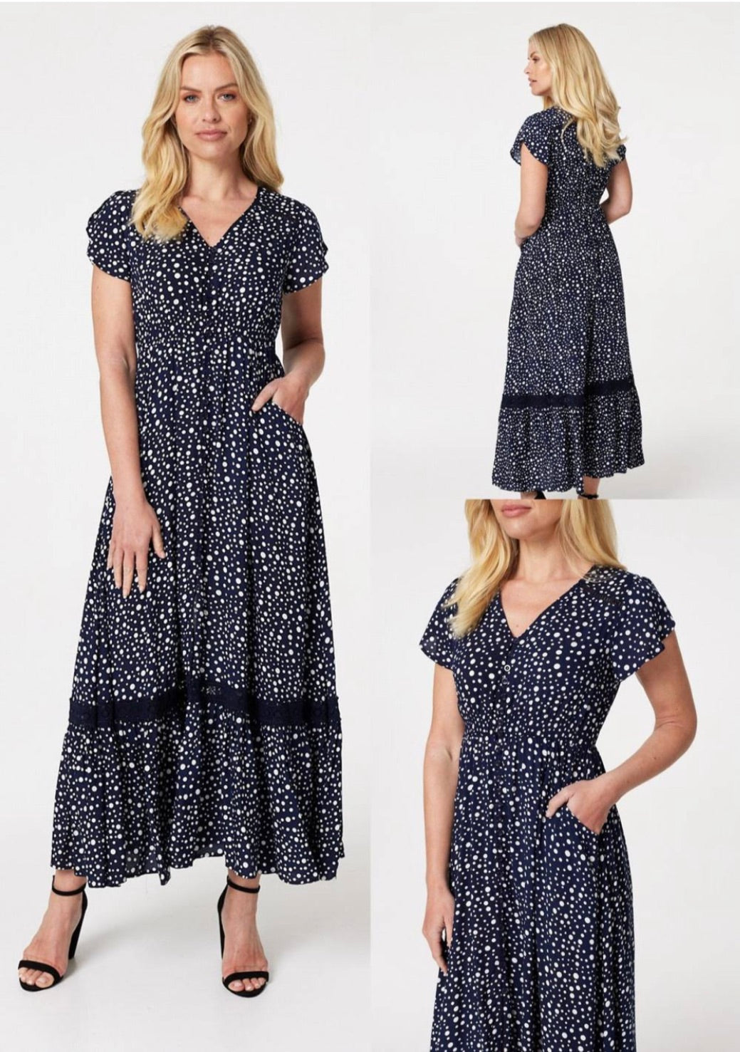 Stella Morgan navy polka dot maxi