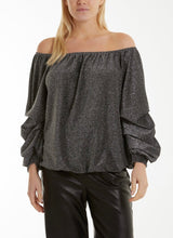 Load image into Gallery viewer, Lurex rouched sleeve bardot top
