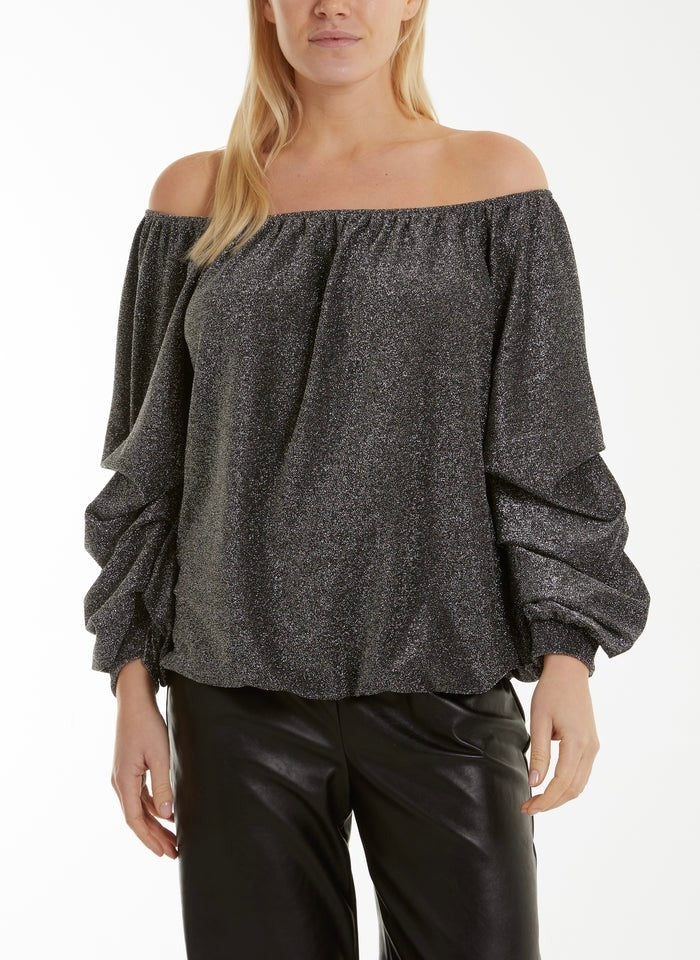 Lurex rouched sleeve bardot top