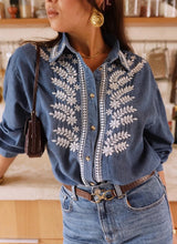 Load image into Gallery viewer, Flower embroidered denim shirt
