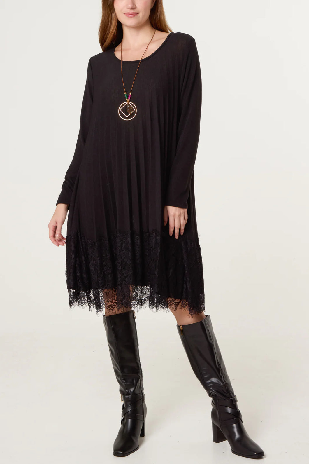 Soft knit pleated lace dress