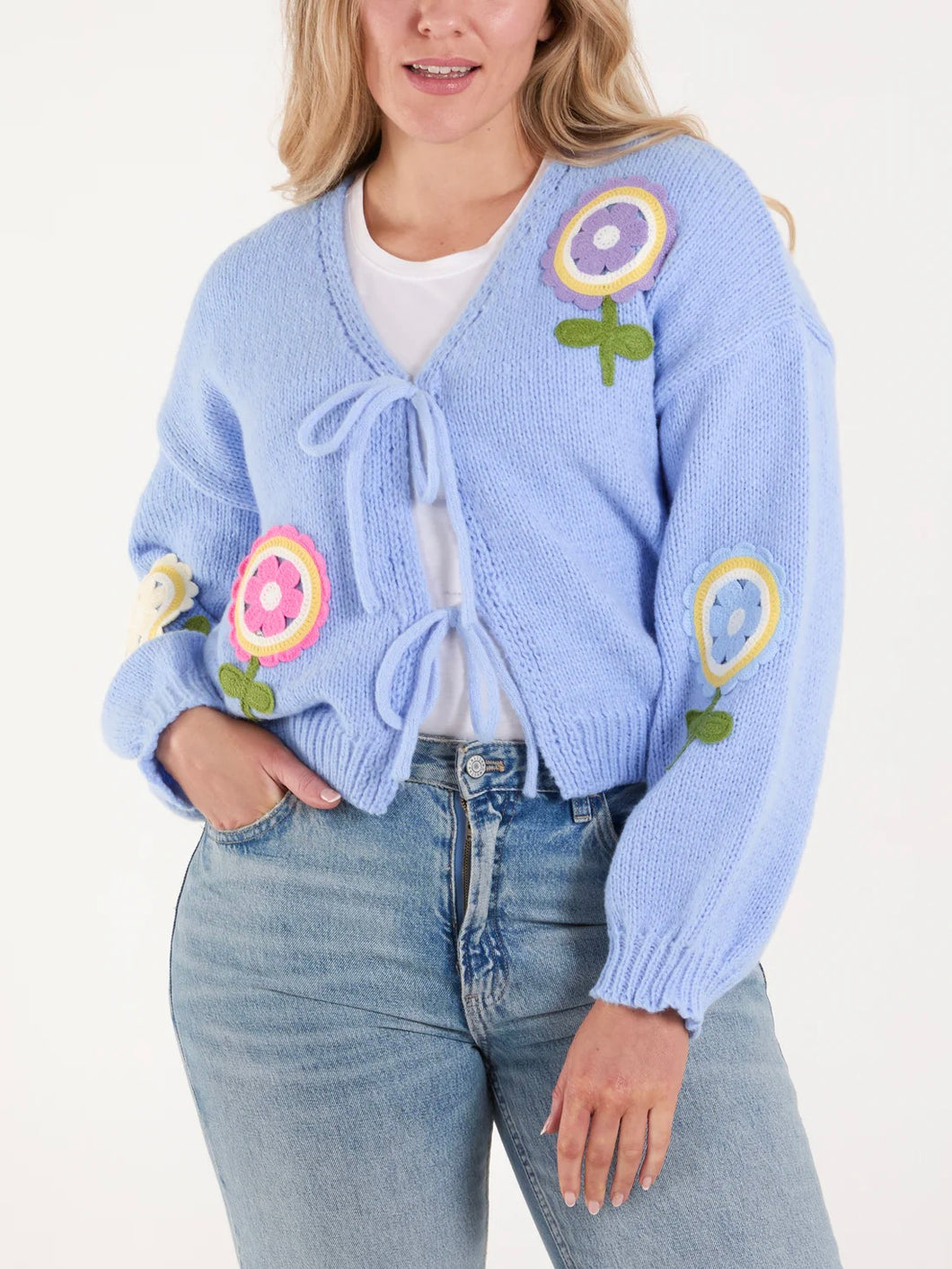 Embroidered flower tie cardigan