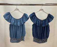 Load image into Gallery viewer, Denim embroidered bardot top
