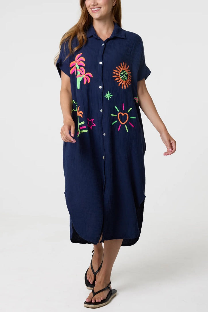 Embroidered cheesecloth shirt dress