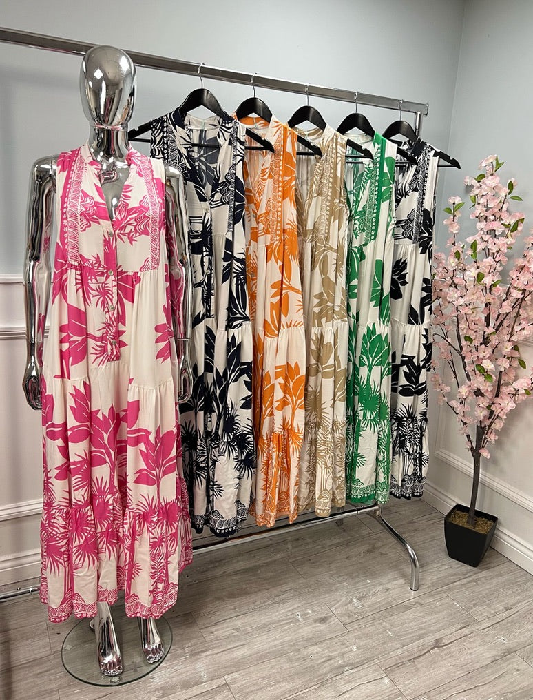 Palm tree sleeveless tiered dress