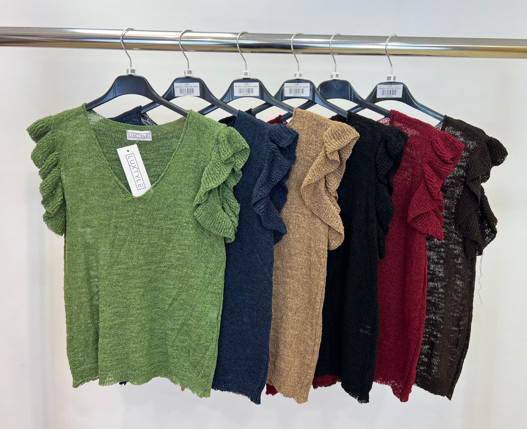 Mesh knit frill sleeve top