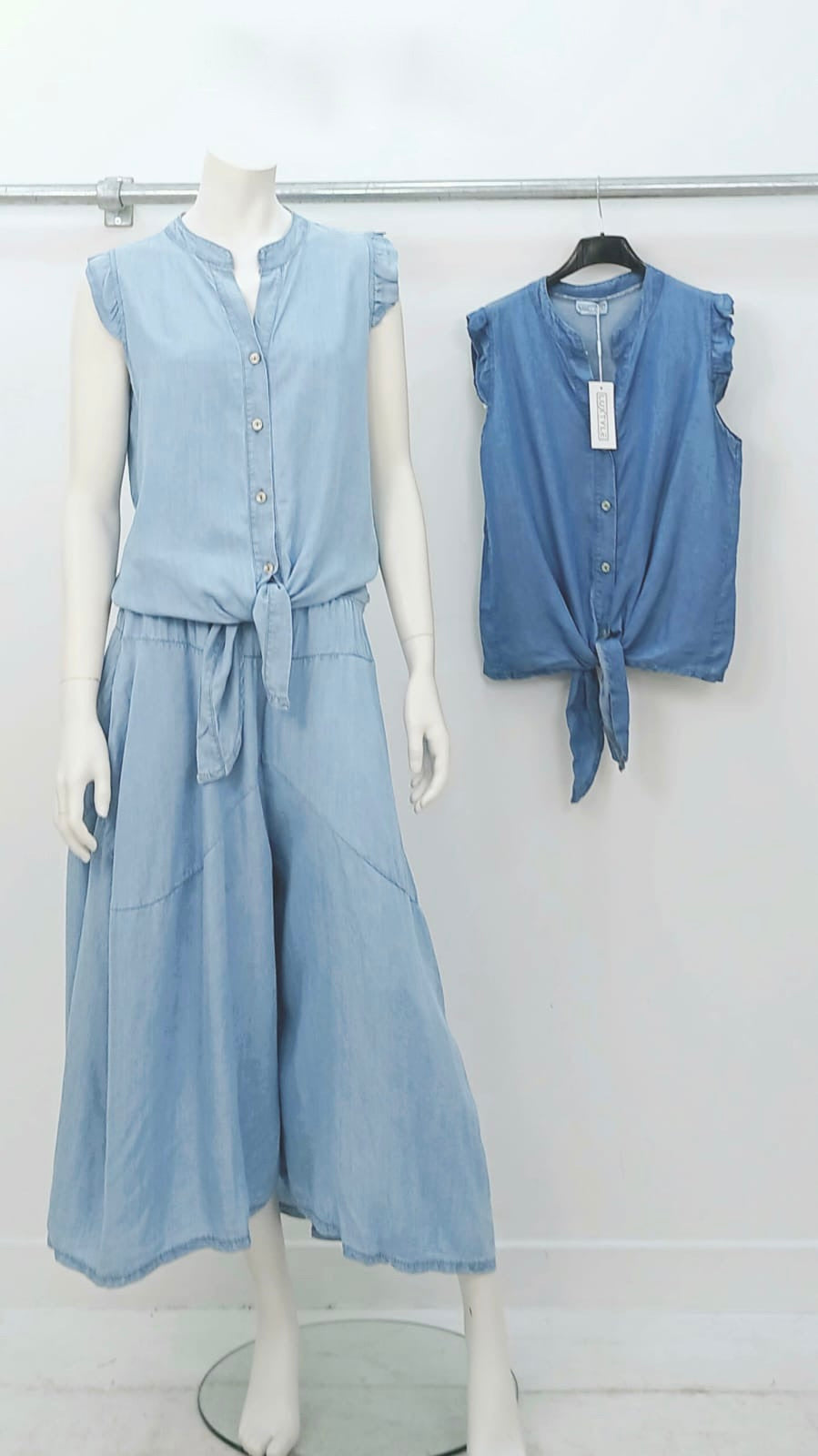 Denim sleeveless tie up top