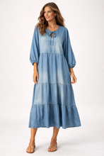Load image into Gallery viewer, Denim tiered tie dress
