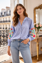 Load image into Gallery viewer, Embroidered sleeve pinstripe shirt
