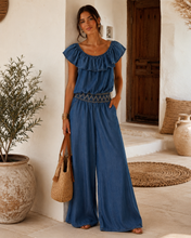 Load image into Gallery viewer, Denim embroidered bardot top
