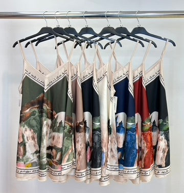 Landscape print silk blend vest