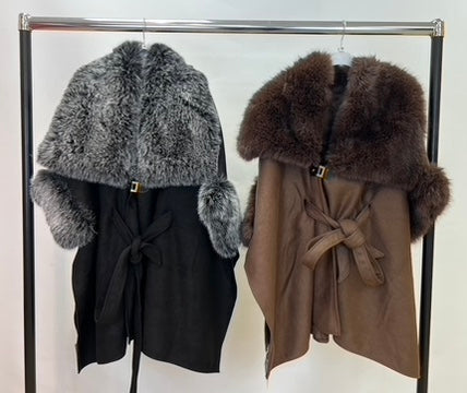 Faux fur collar tie up cape