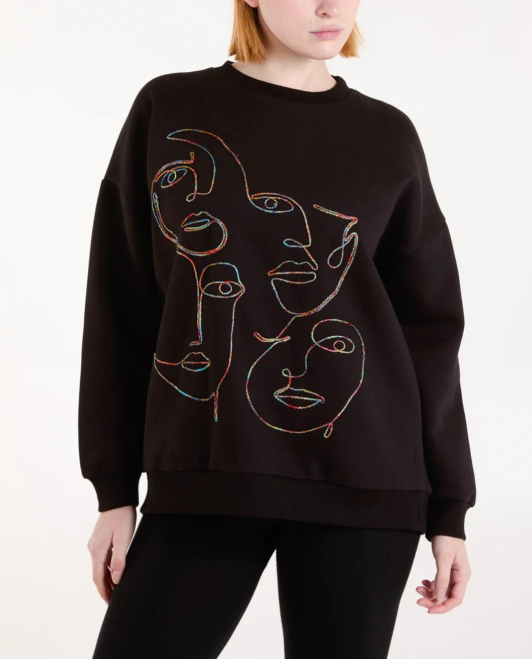 Abstract face embroidered sweatshirt