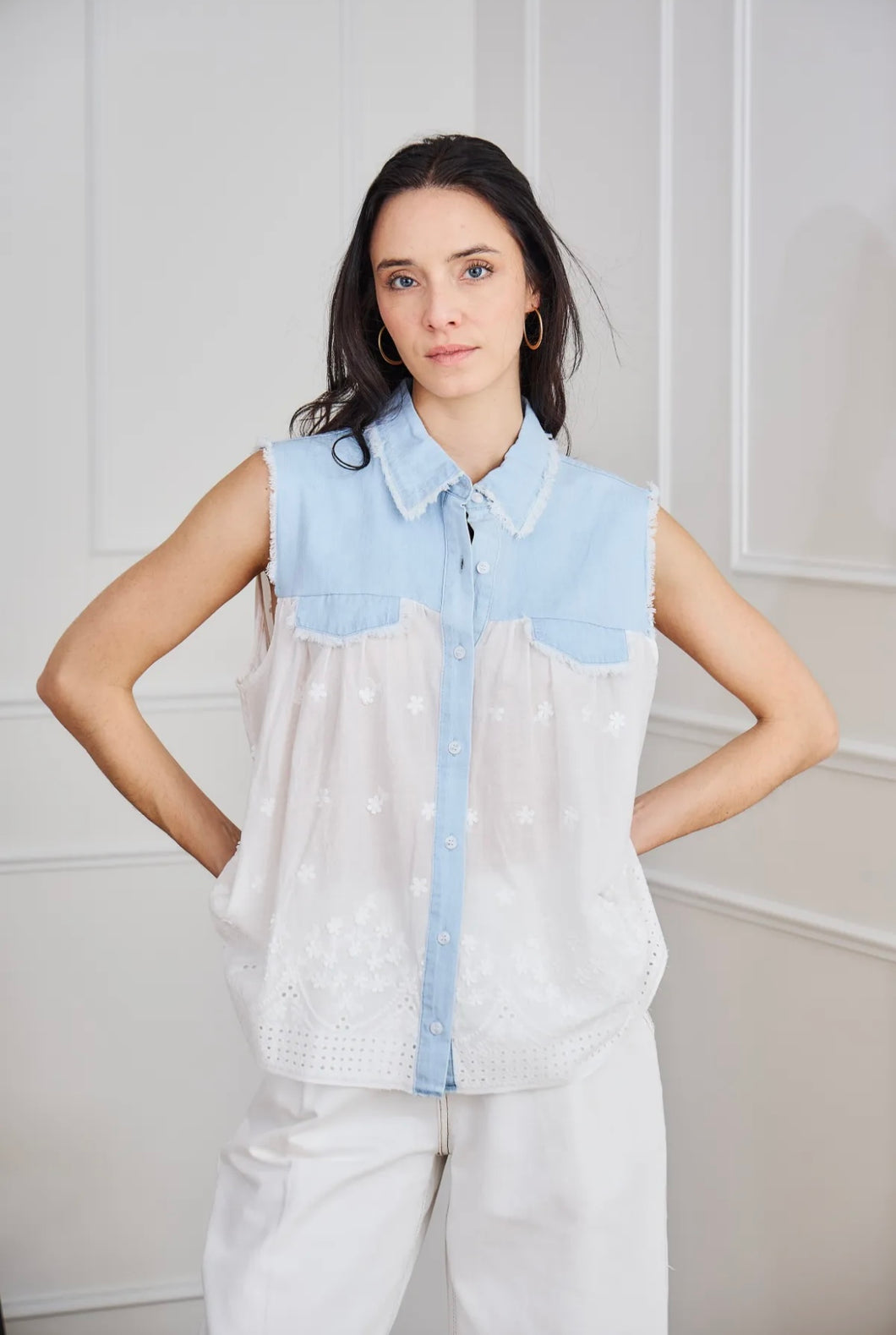 Denim broderie anglaise waistcoat