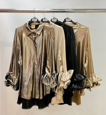 Metallic finish ruffle sleeve shirt