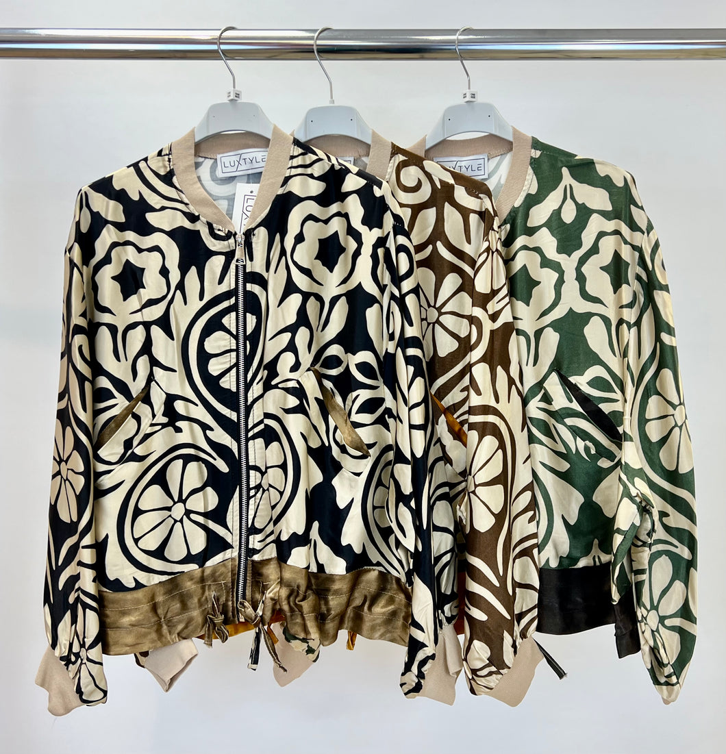 Abstract print satin bomber jacket