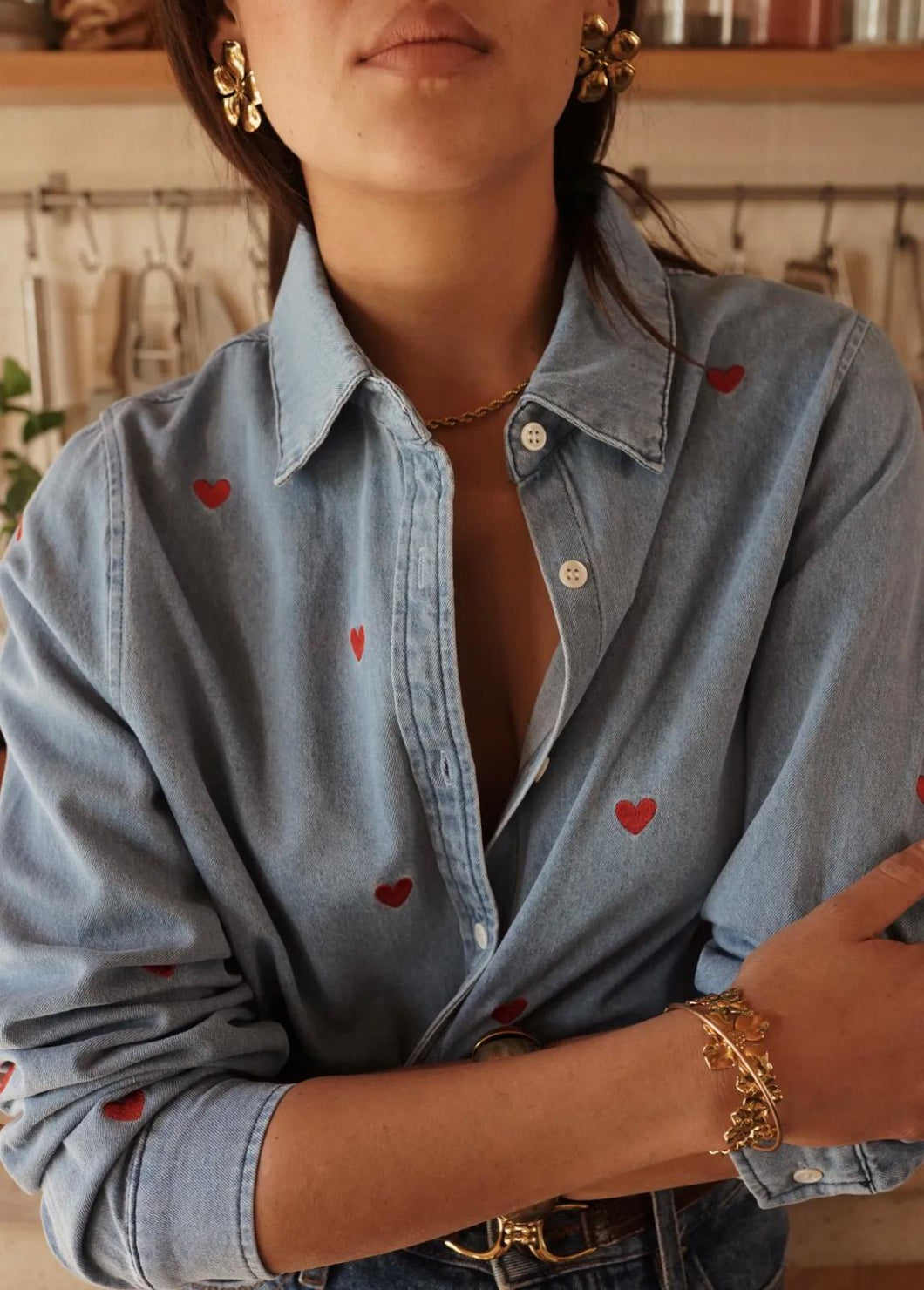 Heart embroidered denim shirt
