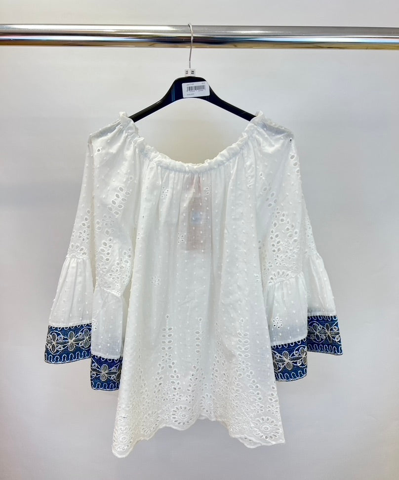 Broderie anglaise denim bardot top