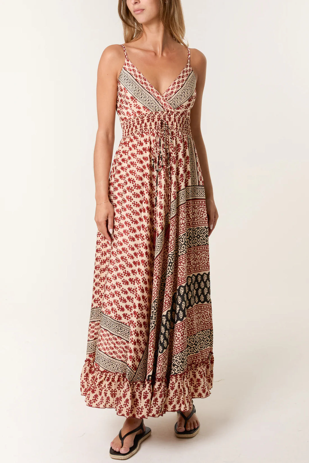 Ethnic print beige wine dress