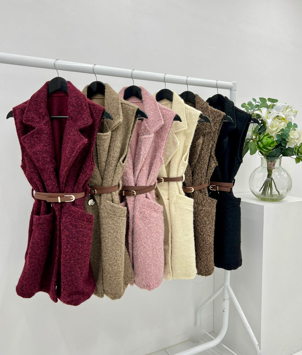 Short boucle belted waistcoat